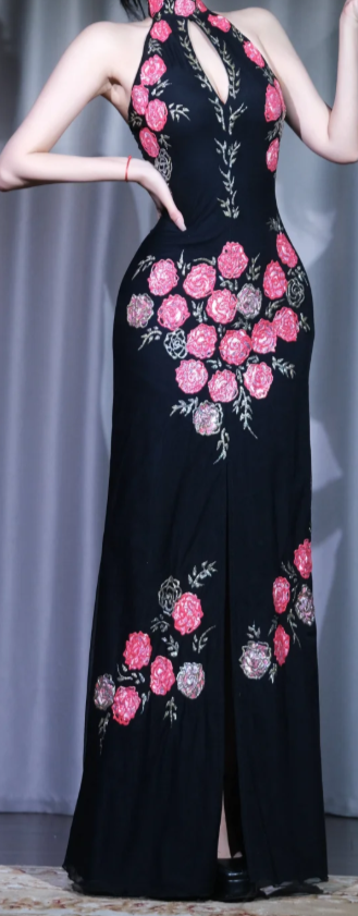 ✨Girlhomeshops-Halter Floral Beaded Prom Dress, Black Keyhole High Slit Mermaid Evening Gown gh9944