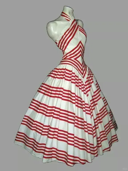 Red White Striped 1950s Vintage Midi Dress, Criss‑Cross Halter Neck Sleeveless Fitted Bodice Gathered Full Swing Skirt Cocktail Gown gh9093