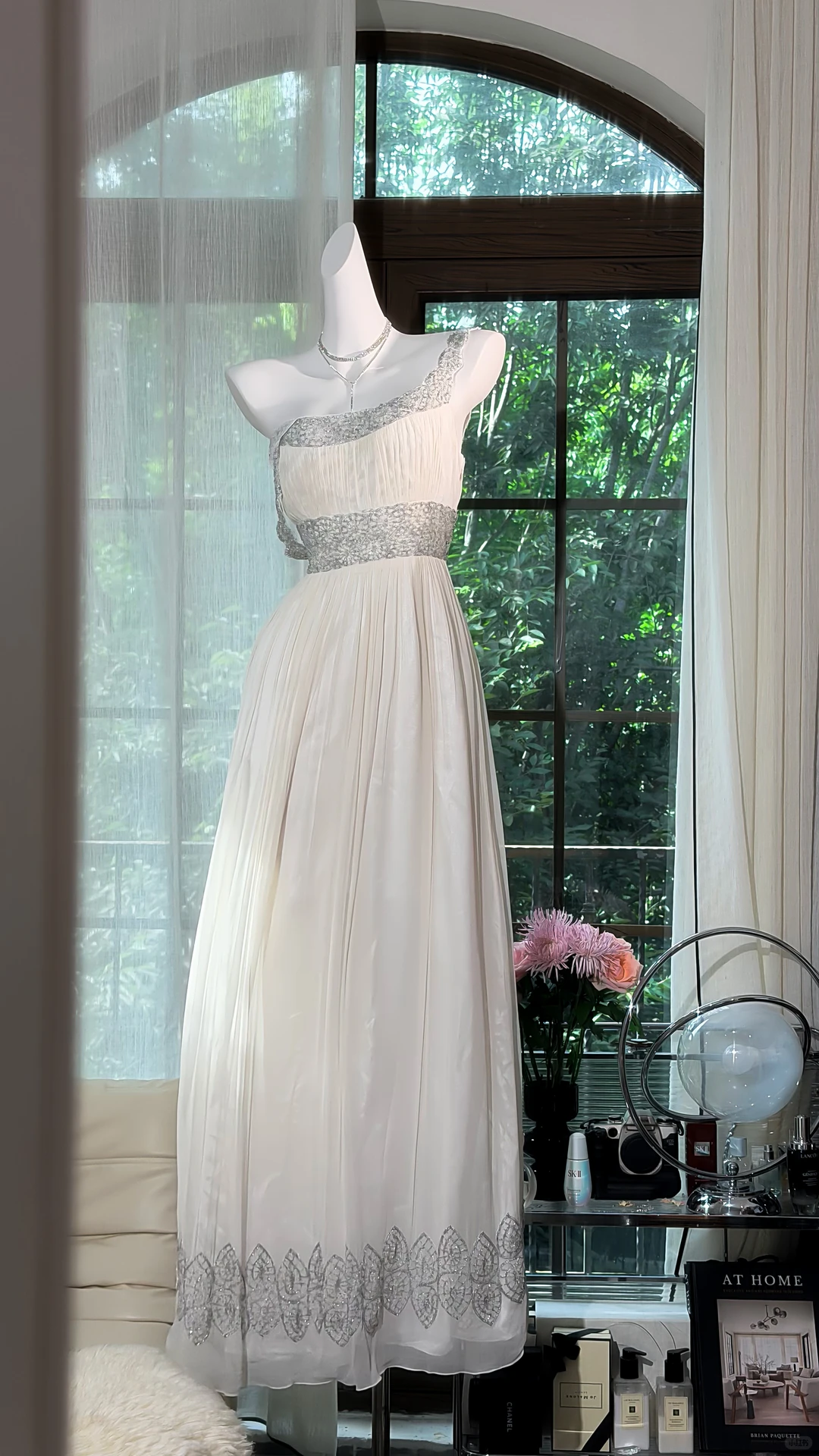 Off White Off Shoulder Silver Beaded Pleated Long Evening Dress, A-Line Chiffon Formal Gown gh9503
