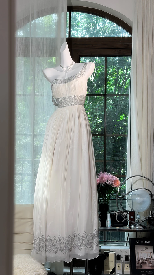 Off White Off Shoulder Silver Beaded Pleated Long Evening Dress, A-Line Chiffon Formal Gown gh9503