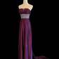 Deep Purple Strapless Long Evening Gown, Ruched Bust, Full Rhinestone Beaded Waistband, Single Draped Long Sash, Floor‑Length Train, Formal Prom Host Dress gh8910