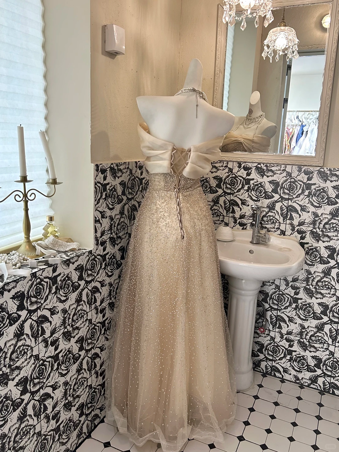 Light Apricot Off-the-Shoulder Beaded Waist-Cinched Soft Elegant Romantic Dress, Wedding Gown gh7688