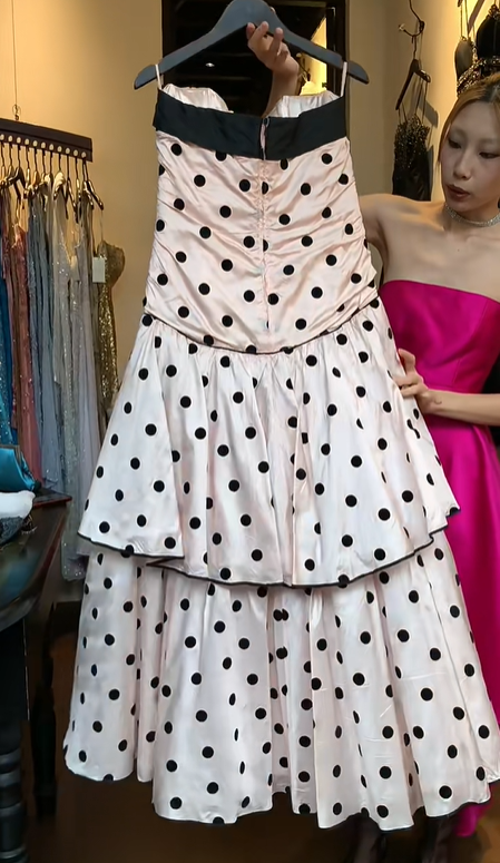 Strapless Pink Polka Dot Prom Dress Big Black Bow Satin Tiered Cake Skirt Vintage Evening Gown gh9830