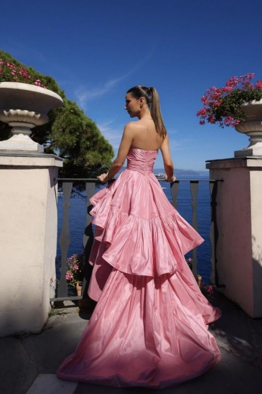 Rosa Tube Top Mode Elegante Layered Lange Satin Ballkleid Abendkleid Partykleid gh3110