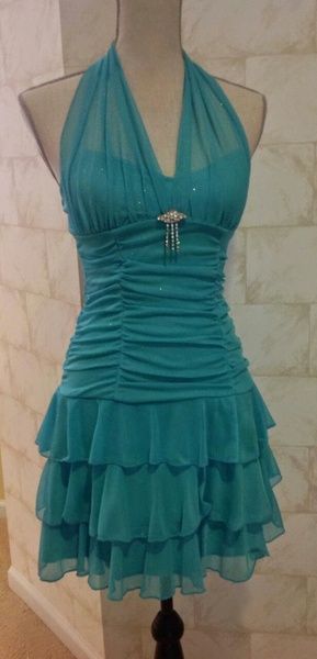 Girlhomeshops-Blaues Neckholder-Rüschen-Kurz-Chiffon-Heimkehrkleid Geburtstagspartykleid gh5025