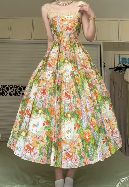 Cartoon Floral Print Spaghetti Strap Midi Prom Dress, Lace Trim Square Neck Tiered Swing Formal Party Gown gh9019