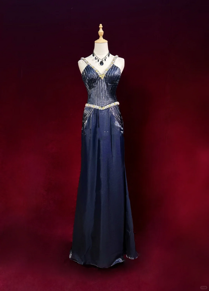 V Neck Navy Blue Long Formal Gown Spaghetti Straps Rhinestone Trim Pleated Bodice for Prom gh9541