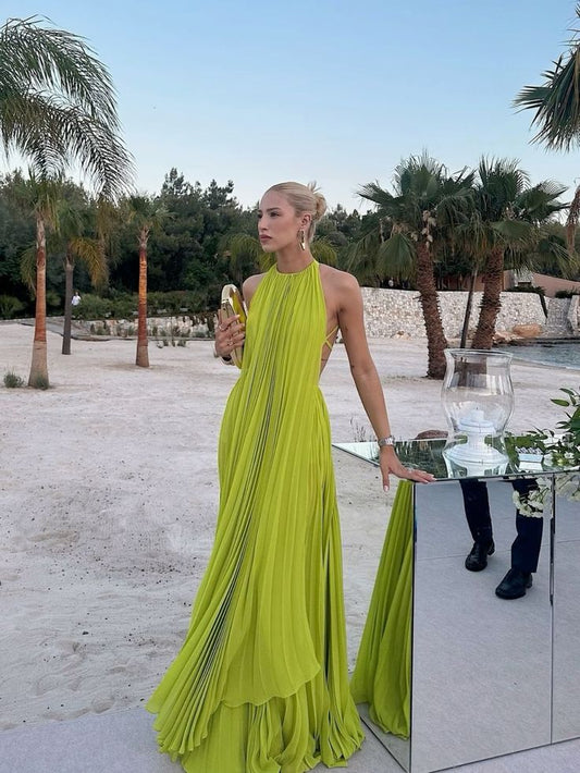 Robe de soirée longue élégante en mousseline de soie plissée à dos nu jaune vert gh3127