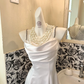 White Satin Spaghetti Straps, Waist-Cinched, Figure-Flattering Elegant Romantic Dress, Wedding Gown gh7770