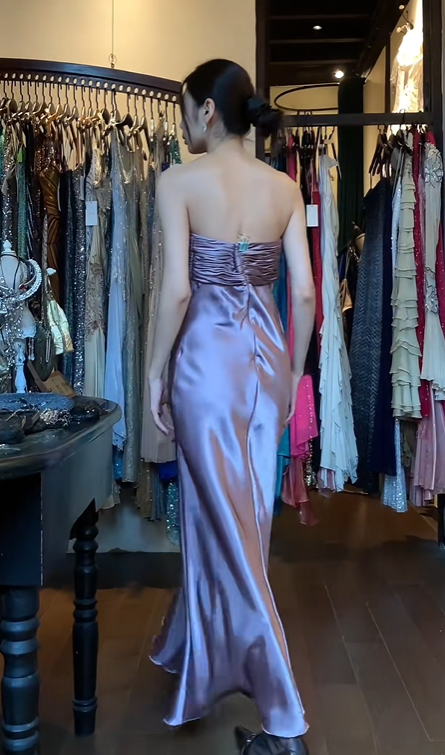Strapless Lavender Satin Evening Gown Sweetheart Neck Ruched Bodice Mermaid Long Prom Dress gh9689