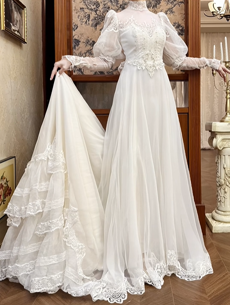 Ivory Vintage Tulle Wedding Prom Dress, High Neck Illusion Sweetheart, Leg‑of‑Mutton Puff Lace Sleeves, Lace Appliqués, Multi‑Tier Lace Long Train gh8683
