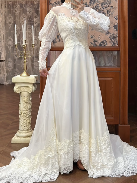 Ivory Vintage Wedding Gown, Illusion High Neck, Lace Appliqué Puff Long Sleeves, Lace Empire Waist, Flowy Full‑Length Skirt, Multi‑Layer Lace Hem, Long Lace Train, Bridal Prom Dress gh8729