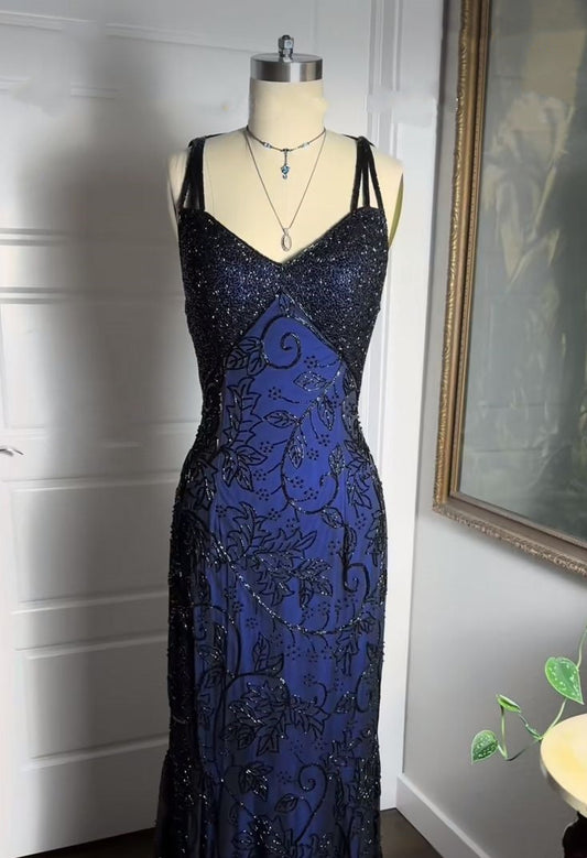 Navy Blue Shiny Elegant Exquisite Beaded Applique Straps Long Tulle Sequins Ball Gown Evening Dress Party Dress gh3189