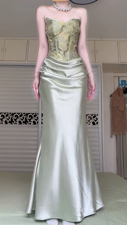 Sage Green Strapless Mermaid Evening Gown, Jacquard Corset Bodice Satin Formal Dress Draped Waist for Prom Banquet gh8949