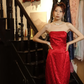Red Strapless Jacquard Column Prom Dress Textured Fabric Long Evening Gown gh9859