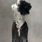 Square Neck Black Silver Mermaid Prom Dress Spaghetti Straps Rhinestone Beaded 3D Floral Formal Gown with Train gh9545
