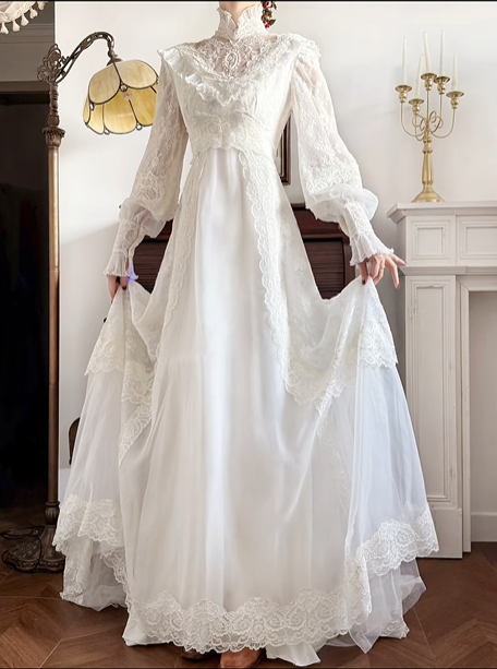 Ivory Vintage Chiffon Wedding Gown, High Neck Lace Illusion V‑Neck, Lace Puff Long Sleeves, Lace Appliqué Empire Waist, Overlay Lace Outer Skirt, Flowy Floor‑Length Full Skirt, Scalloped Lace Hem, Bridal Prom Dress gh8739