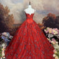 girlhomeshops-Red, Delicately Beaded, Floral Long Tulle Ball Gown gh6292