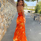 Robe de soirée élégante à bretelles spaghetti et à volants en mousseline de soie, robe de soirée, robe d'invité de mariage, orange, gh3318