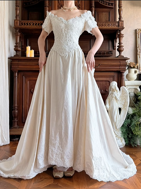 Off‑White Vintage V Off‑the‑Shoulder Lace Short Sleeve Floral Lace Appliqué Fitted Waist Textured Fabric Long Train Prom Gown, Wedding Dress gh8621