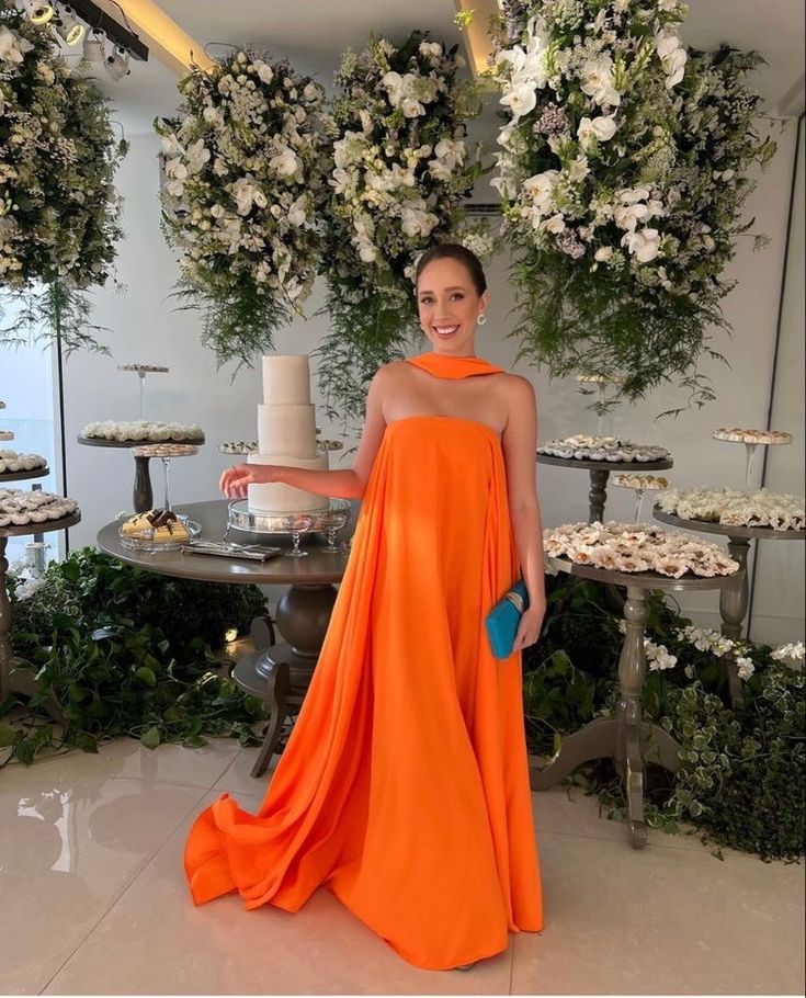 Orange Elegantes, fließendes A-Linien-Kleid mit schulterfreiem Satin, langes Ballkleid, Abendkleid für Hochzeitsgäste, Partykleid gh3093
