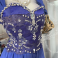Sexy Long Vintage Blue Square Neck Beaded Fitted Waist Prom & Evening Party Dress gh8485