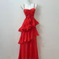 Robe de soirée longue rouge brillante et élégante à bretelles spaghetti, en mousseline de soie, à volants, gh3795
