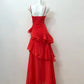 Robe de soirée longue rouge brillante et élégante à bretelles spaghetti, en mousseline de soie, à volants, gh3795