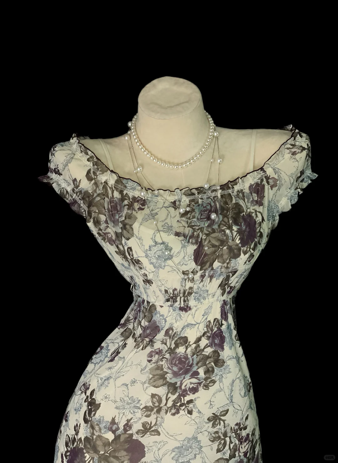 Vintage Oil‑Painting Floral Print Midi Gown, Off‑The‑Shoulder Ruffle Short Sleeves, Fitted Waist, Flared Midi Mermaid Skirt, Ruffled Hem, Retro Garden Prom Photoshoot Party Dress gh8871