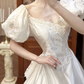 Ivory Vintage Satin Wedding Gown, Sweetheart Neckline Puff Short Sleeves, Lace Appliqué Fitted Waist, Multi‑Tiered Ruffled Lace Ball Gown Skirt, Bridal Prom Dress gh8721