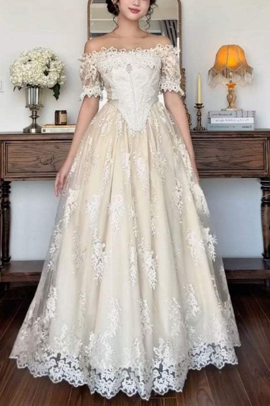 girlhomeshops-Exquisite Tulle Lace Long Fashionable Wedding Dress Off-Shoulder Dress gh5839