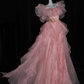 ✨Girlhomeshops-Pink Tiered Ruffle Organza Ball Gown Off Shoulder Prom Dress gh10191