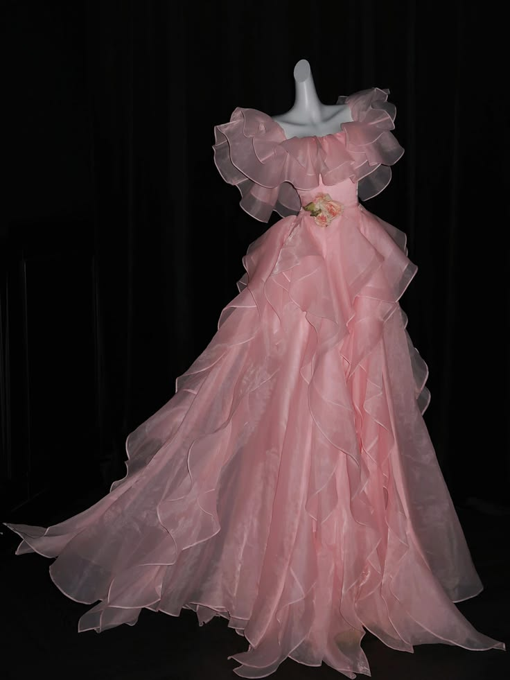 ✨Girlhomeshops-Pink Tiered Ruffle Organza Ball Gown Off Shoulder Prom Dress gh10191