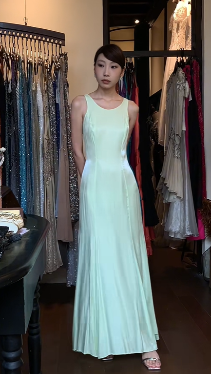 Sleeveless Round Neck Mint Green Satin Evening Gown Minimalist Flowy Long Prom Dress gh9695