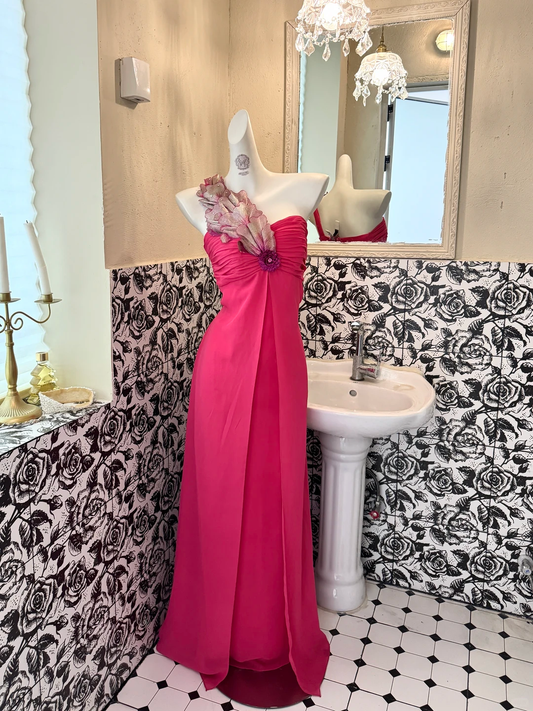 Magenta One-Shoulder Waist-Cinched Sexy Elegant Romantic Dress, Wedding Gown gh7586