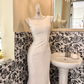 White Sleeveless Waist-Cinched Figure-Flattering Sexy Bodycon Long Romantic Dress, Wedding Gown gh7736