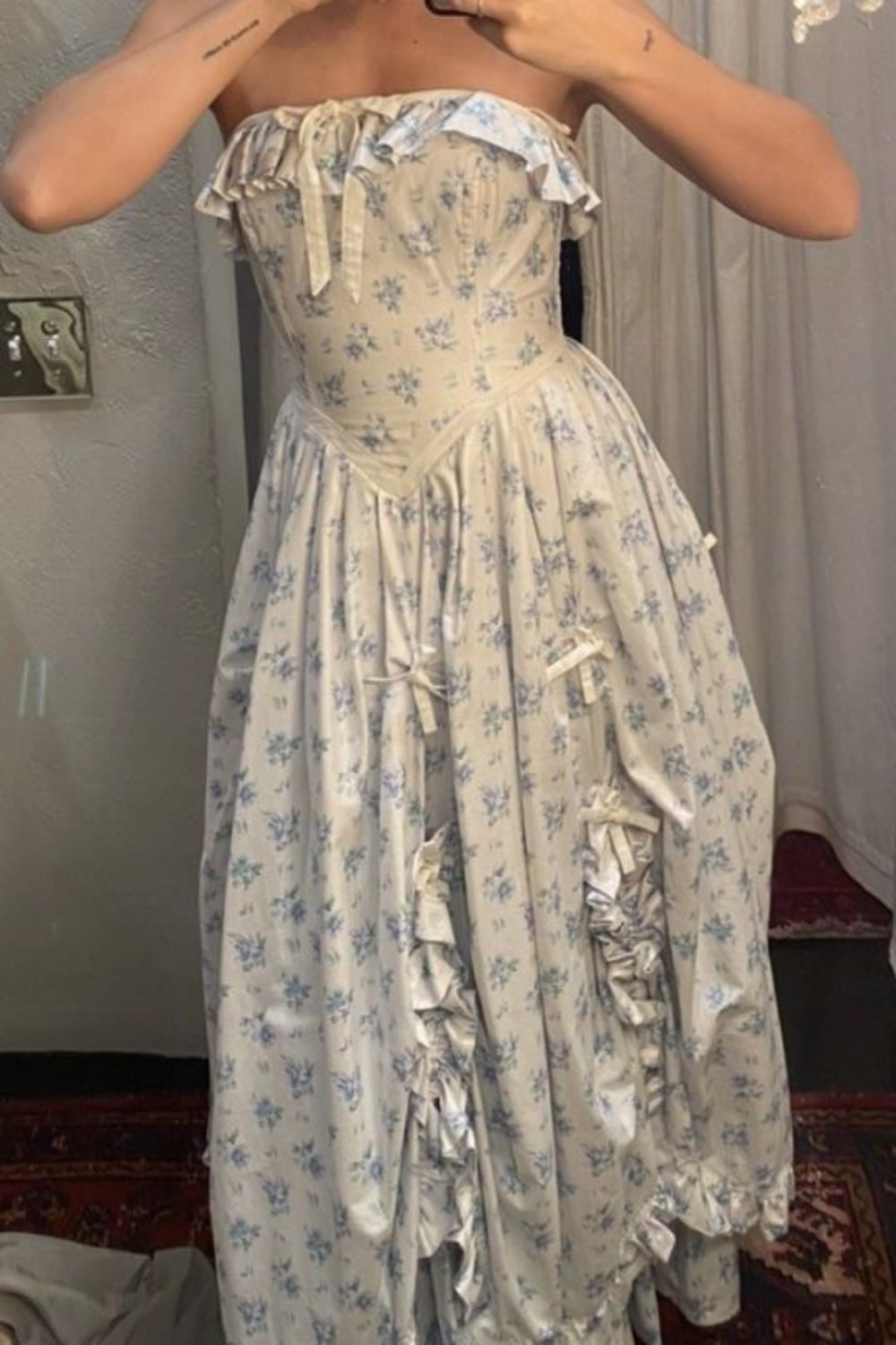 girlhomeshops--Blue floral elegant long chiffon homecoming dress for women girls garden party dress gh5716