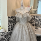 Silver Ivory Strapless Waist-Cinched Full Flared Long Vintage Romantic Dress, Wedding Gown gh7542