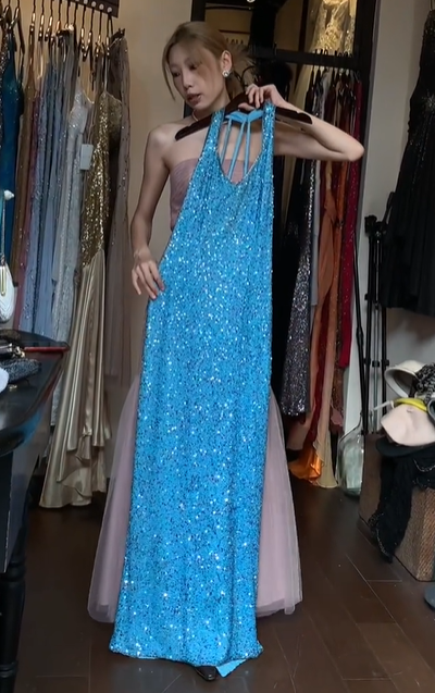 Halter Lake Blue Sequin Prom Dress V Neck Back Strappy Cutout Sheath Formal Evening Gown gh9817