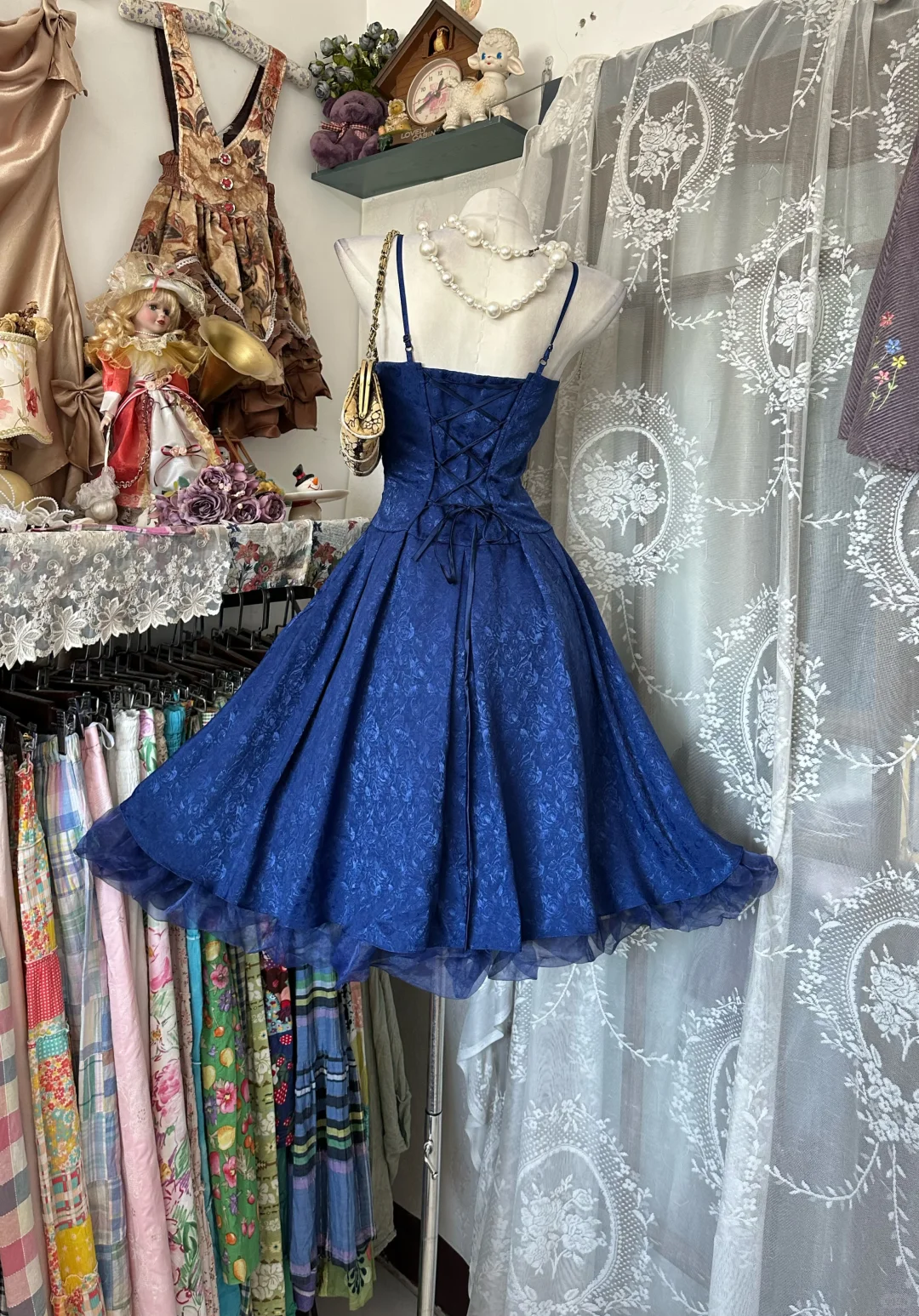 Sexy Blue Vintage Print Spaghetti Strap Fitted Waist Flared Skirt Prom & Evening Party Dress gh8483