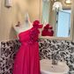 Magenta One-Shoulder Floral Design High Waist Slimming Romantic Dress, Wedding Gown gh7588