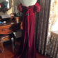 Vintage-Abendkleid im Stil der High Society: Schulterfrei, mit Puffärmeln | Burgunderfarbenes Samt-Maxikleid mit Meerjungfrauen-Schleppe und Perlenbesatz für Gala, Verlobung, Retro-Ball gh6422