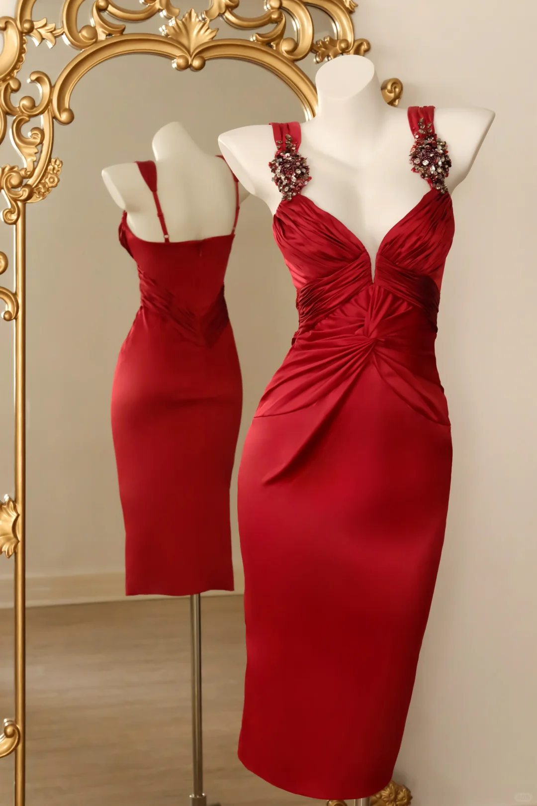 Women Burgundy Midi Bodycon Cocktail Dress Wide Straps Deep V Twist Front Hand Beaded Floral Shoulder Satin Evening Gown gh9583