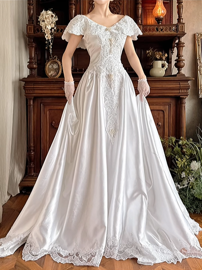 White Satin Vintage Off‑the‑Shoulder V‑Neck Lace Fitted Waist Full Flared Train Prom Gown, Wedding Dress gh8609
