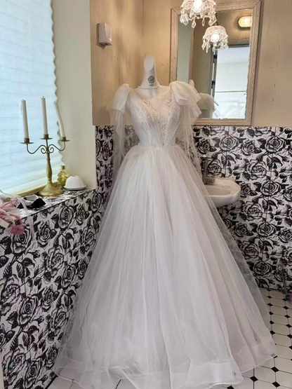 White Waist-Cinched Fitted Tulle Elegant Princess Vintage Romantic Dress, Wedding Gown gh7549