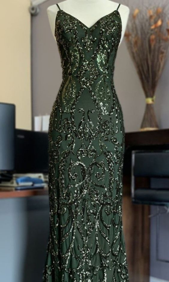 Robe de soirée longue en tulle vert brillant, élégante, délicate, avec des appliques de perles, à bretelles spaghetti, sirène, slim, gh3190