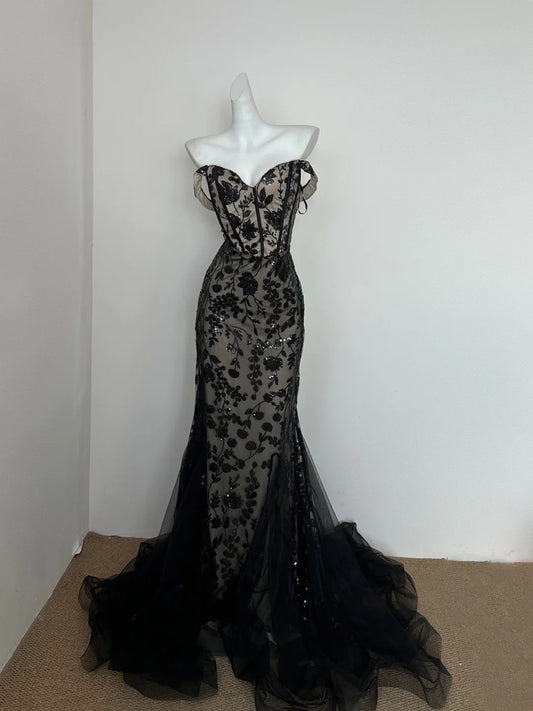 Robe de soirée longue en tulle à fleurs noires gh4834