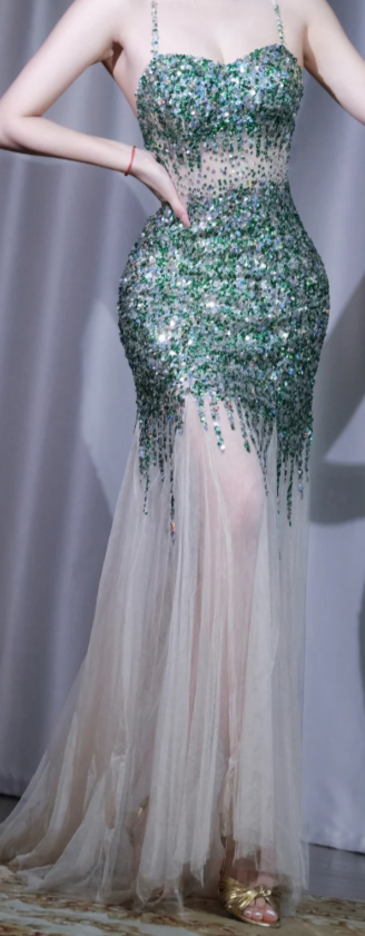 ✨Girlhomeshops-Green Ombre Sequin Mermaid Evening Dress Spaghetti Strap Sweetheart Tassel Tulle Gown gh10051
