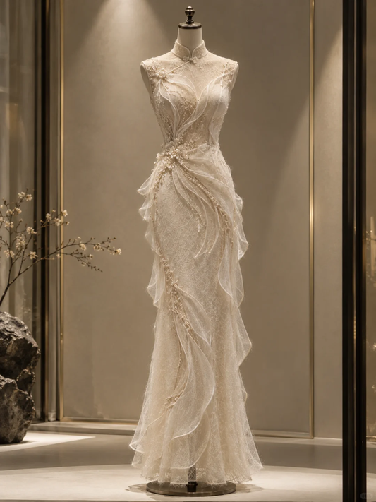 ✨Girlhomeshops-New Chinese Qipao Lace Wedding Gown, Mermaid 3D Floral Beaded Bridal Dress gh10339