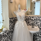 Ivory Spaghetti Strap Embroidered Waist-Cinched Full Flared Elegant Vintage Romantic Dress, Wedding Gown gh7567